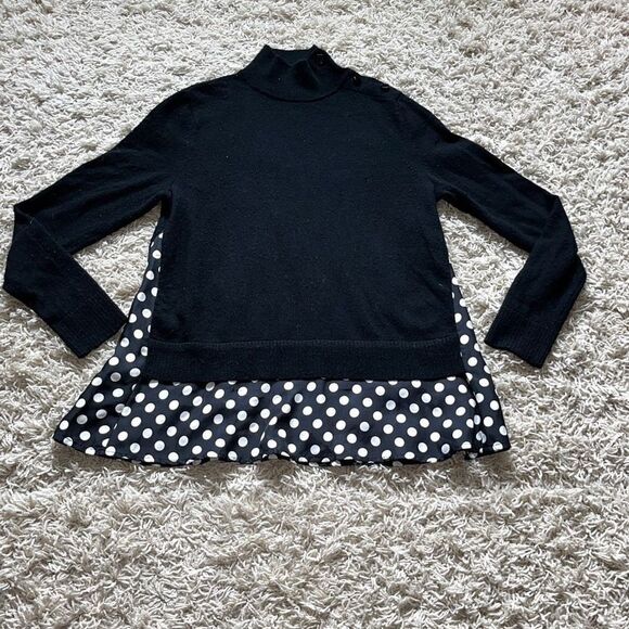 Kate Spade Black Mock Neck Sweater XS Silk Polka Dot Trim - Picture 1 of 15